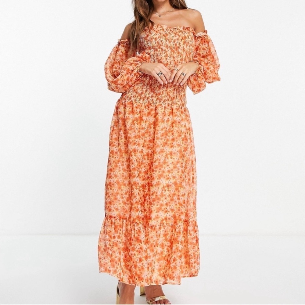 ASOS Floral Long Sleeve Smocked Dress - Off shoulder